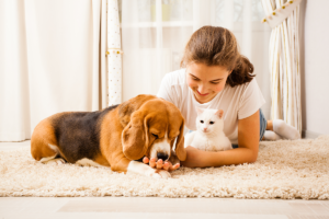 Gaia Pet si prende cura della flora intestinale per il benessere dei nostri amici animali. Una ragazza sul tappeto coccola il suo cane e il suo gatto per dimostrare che le cure date ai nostri amici animali ripagano con il loro affetto