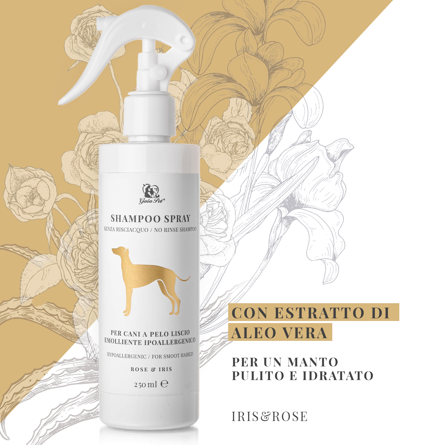 Flacone dello shampoo Gaia Pet con sfondo bianco e oro e una grafica di iris e rose