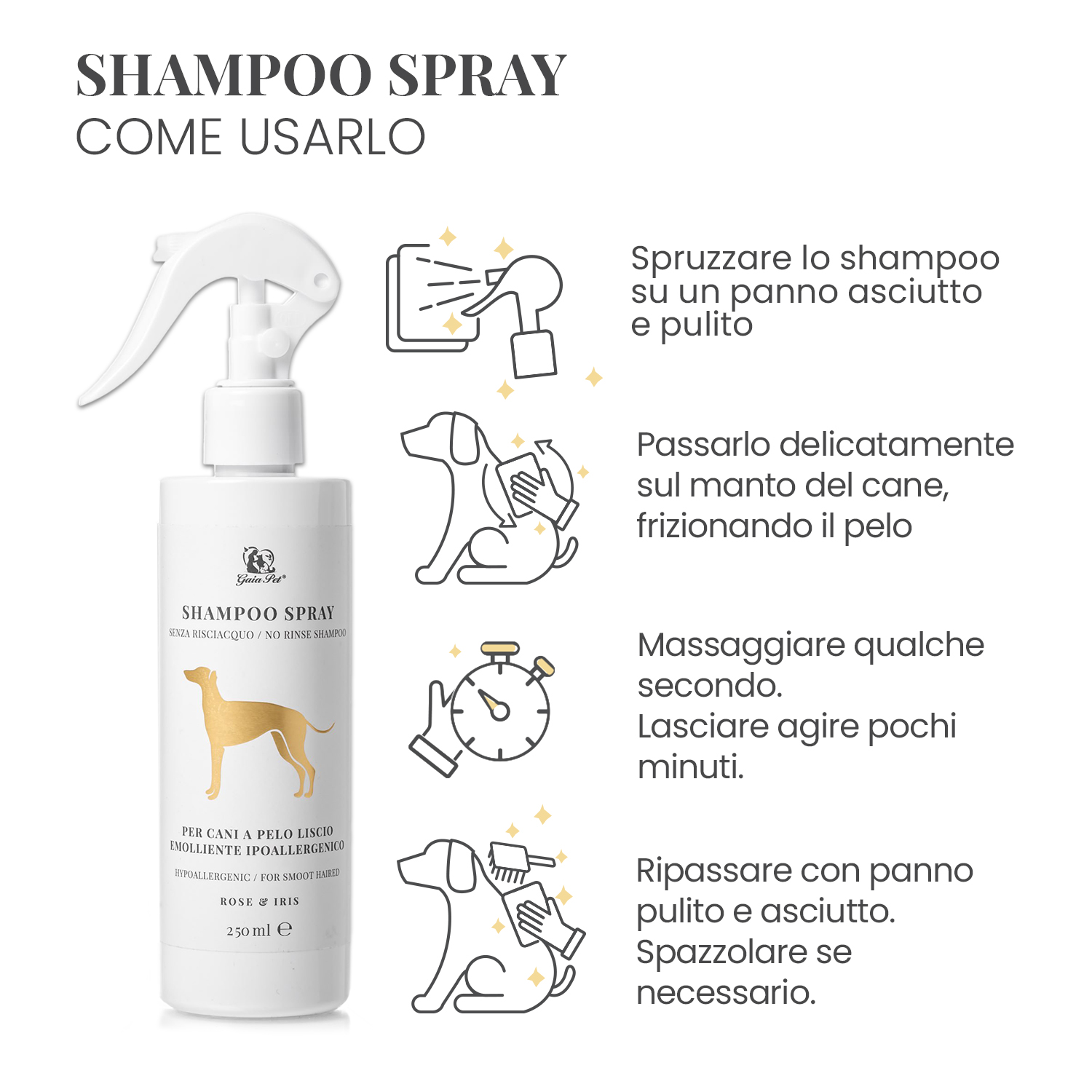 Infografica che illustra le istruzioni d'uso dello shampoo